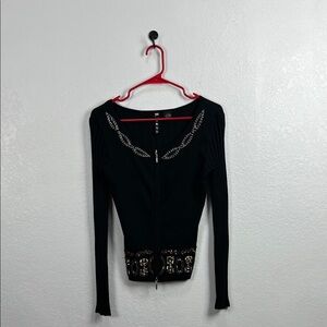 Vtg WR 9000 Elegant Black Embellished Women's Zip up Cardigan Sz L Beaded Detail